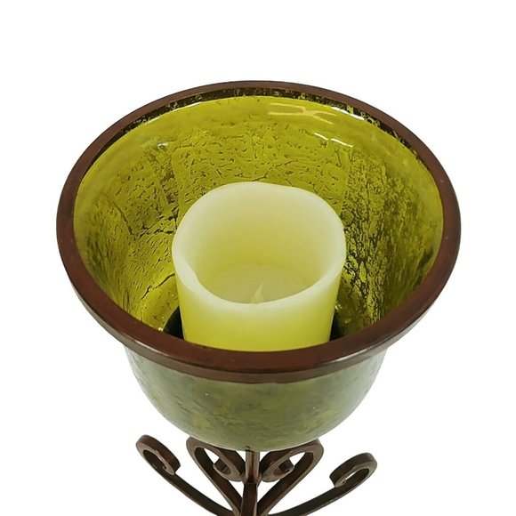 Candle Holder Heavy Scroll Steel Stand Green Crackle Glass Wind Shade 17" - Picture 3 of 8